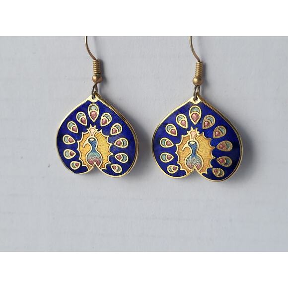 Cloisonne Peacock Earrings Deep Blue Enamel Pierced Beautiful! - Picture 3 of 5